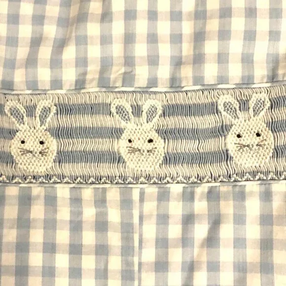 New CLASSIC WHIMSY Blue Gingham Embr Bunny Smocked Longall Romper 18M - Picture 3 of 7